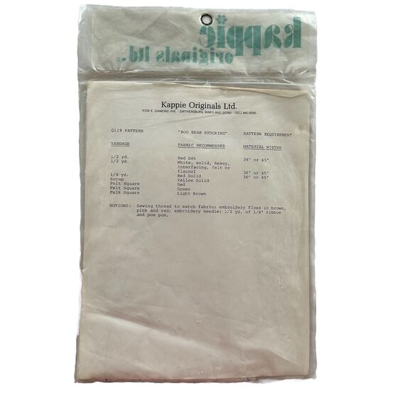 Vtg 70s Kappie Kalico Q119 Boo Bear Stocking Pattern New Sealed Fabric Pattern - Picture 2 of 2